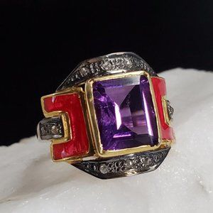 Art Deco Gemstone Ring - amethyst & natural raw diamonds size 9